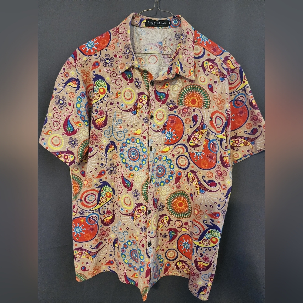 Luc Matton Shirt, Men's size Medium Colorful Cotton Linen Short Sleeve Shirt - Picture 2 of 6